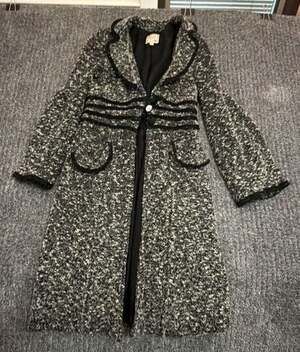 Nanette Lepore Black and White Tweed Wool Blend Long Coat with Velvet Trim
